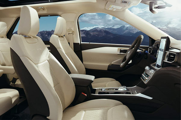 interior view of ford explorer showcasing white leather interior seats