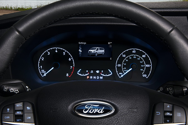 Close up shot of the steering wheel display on a 2020 Ford Transit connect