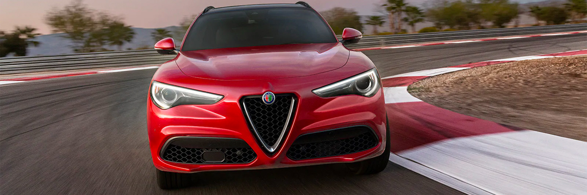 2021 Alfa Romeo Stelvio driving on closed track.