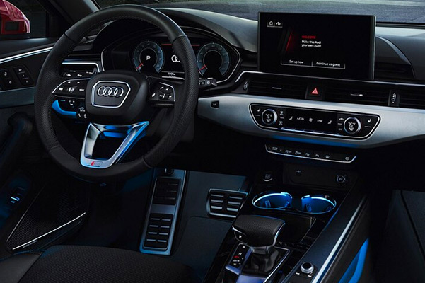 Interior shot of the front seat in a 2021 Audi A4