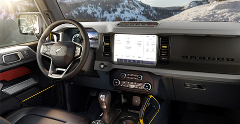 Interior of 2021 Ford® Bronco showing available SYNC® 4 and other available technology
