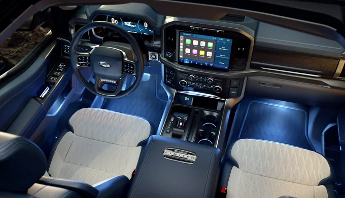 Overhead view of a 2021 Ford F 1 50 interior with ambient lighting in cool Ice Blues