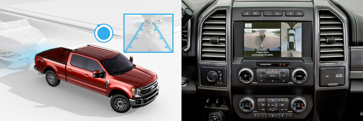 2021 Ford Super Duty Front Interior with rear view camera in use showing towing