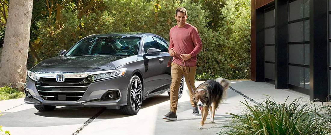 Man and dog walking down the driveway with their 2021 Honda Accord parked in the background