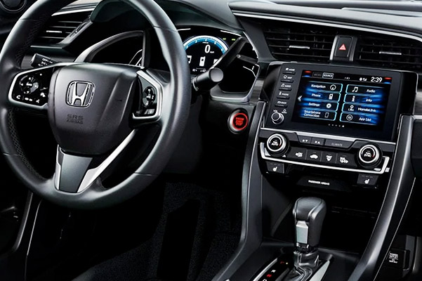 Interior view of fron console and dashboard in black