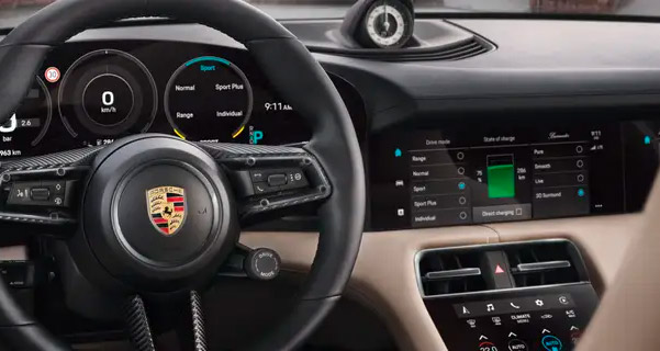 Interior shot of the steering wheel in a 2021 Porsche Taycan