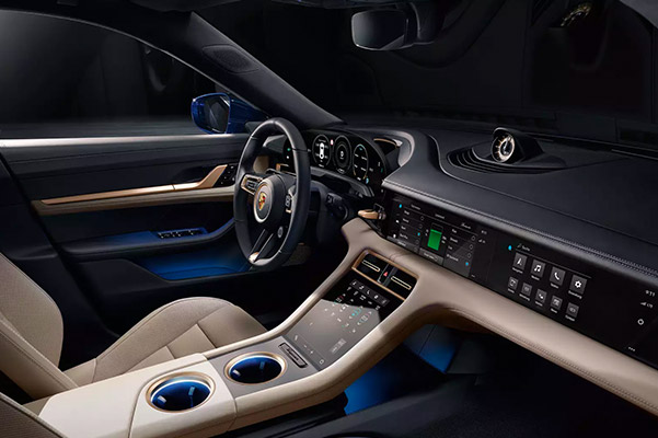 Interior shot of the dashboard in a 2021 Porsche Taycan