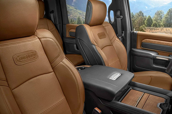 The embroidered front seats on the 2021 Ram 2500 Limited Longhorn Edition.