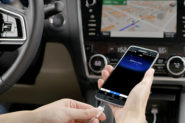 Interior view of Subaru equipped with in-vehicle multimedia touchscreen