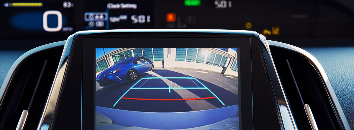 Interior rear view camera screen shown while car is backing up