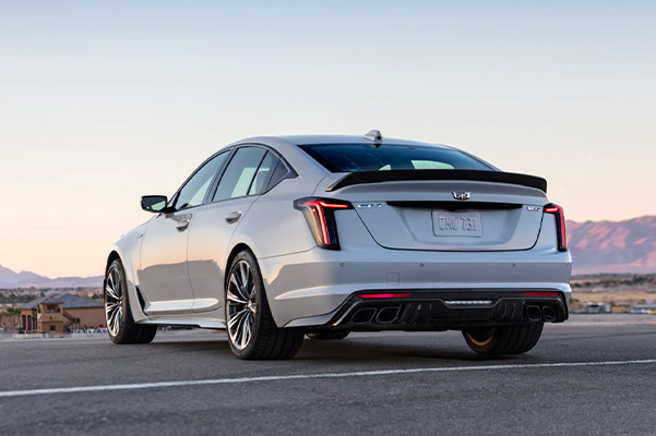 Rear view of the 2022 Cadillac V-Series Blackwing CT5-V parked on a race track