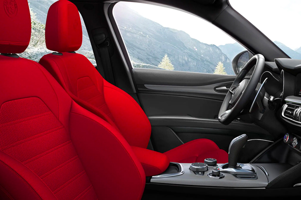 Interior shot of the front seats in a 2022 Alfa Romeo Stelvio.