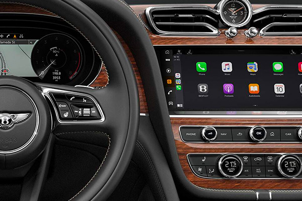 steering wheel and front dashboard technology shown in a 2022 Bentley Bentayga