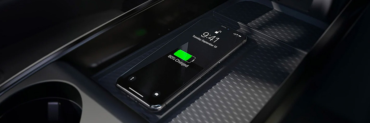 Close-up of a phone wirelessly charging in a 2022 Ford Mustang Mach-E