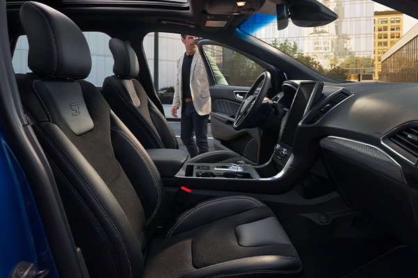 Interior of a 2022 Ford Edge with leather-trimmed seats and perforated Miko® inserts