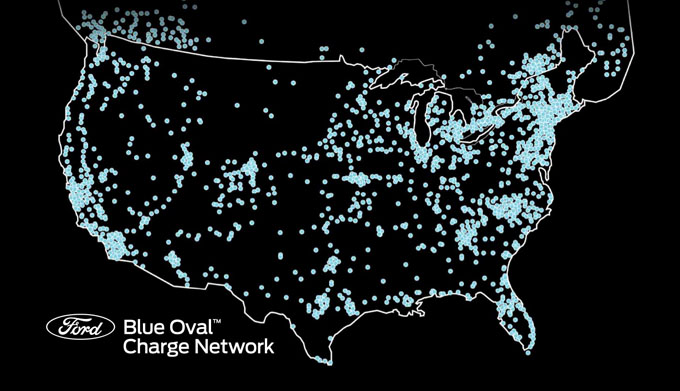 A map of North America highlighting available charging stations