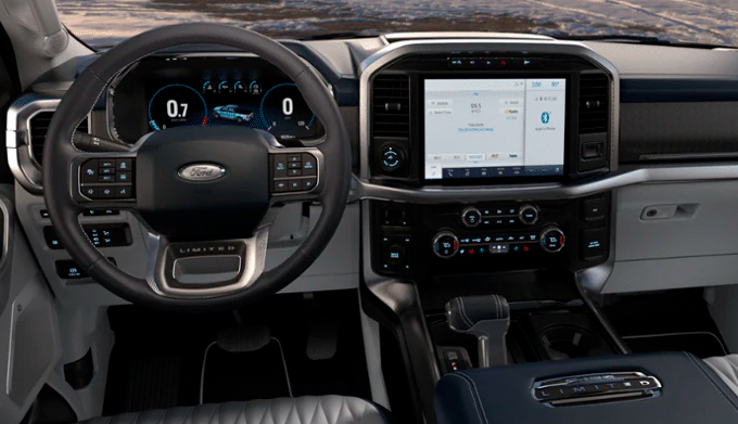 2022 Ford F-150 interior showing standard SYNC®4 on the center touchscreen