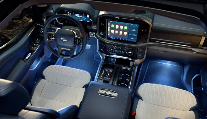 Overhead view of a 2021 Ford F 1 50 interior with ambient lighting in cool Ice Blue