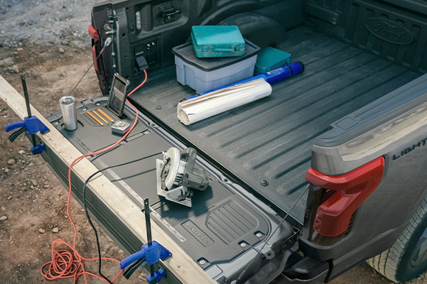 Rear hatch being used to power tools