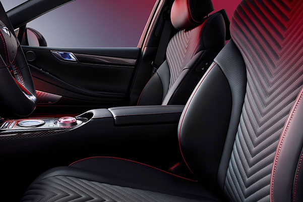 2022 Genesis G80 interior shown in Black with Red Stitching.