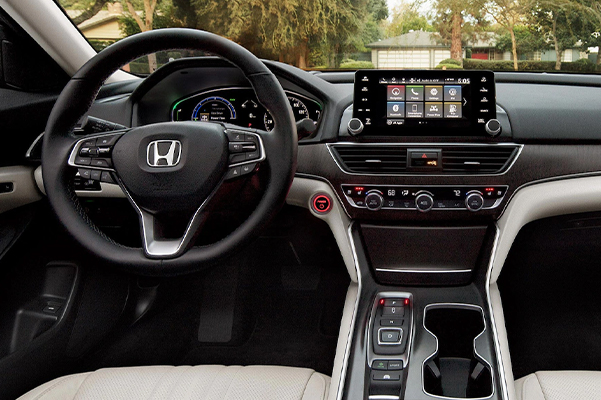 The steering wheel and 8-inch display of the 2022 Honda Accord Hybrid