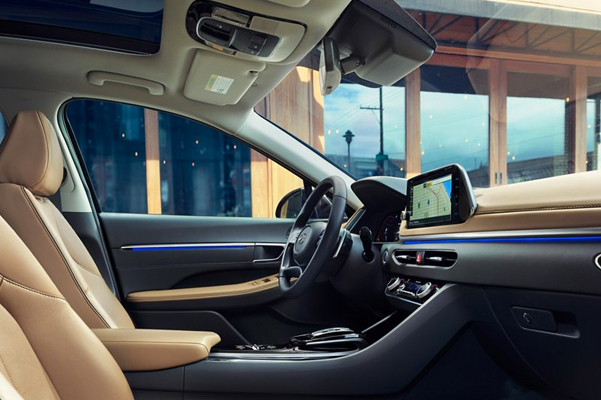 Interior shot of the front seats in a 2022 Hyundai Sonata.