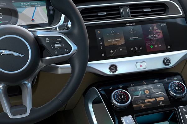 Interior detail shot of a steering wheel and front screen of the 2022 Jaguar I-PACE