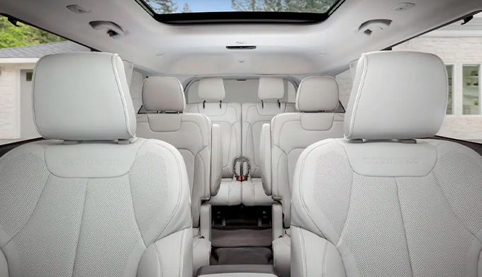 Display The interior of the 2022 Jeep Grand Cherokee Overland with three rows of seating and an open sunroof.