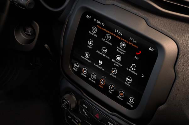 A close-up of the touchscreen in the 2022 Jeep Renegade, displaying the Apps screen and associated icons.