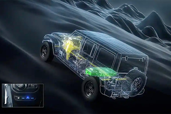 An under-the-skin illustration highlighting the gas engine and the electric battery on the Jeep Wrangler 4xe as it ascends a hill.
