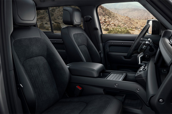 Interior shot of the 2022 Land Rover Defender front seats