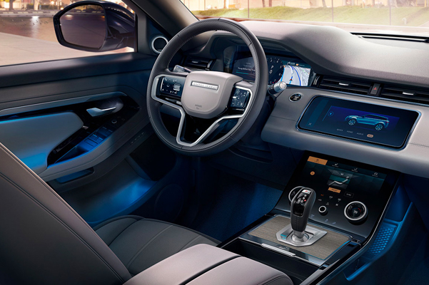 Interior shot of a 2022 Range Rover Evoque driver's seat.