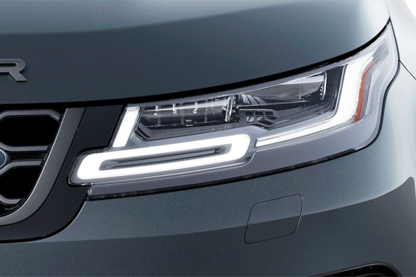 Exterior detail shot of a 2022 Range Rover Evoque headlight.