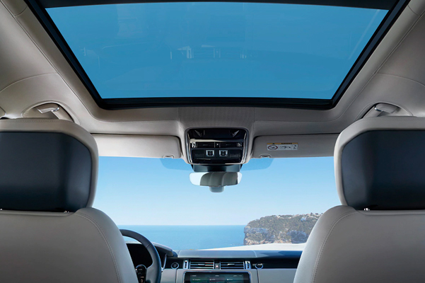 Interior shot of a 2022 Range Rover looking up at the sunroof