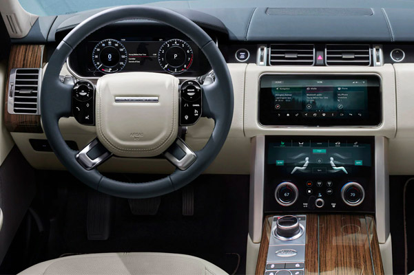 Interior shot of the drivers view in a 2022 Range Rover.