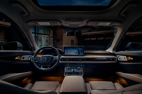 The orange ambient lighting inside a 2022 Lincoln Nautilus creates a soft glow and relaxing mood