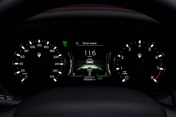 Detail shot of a dashboard in a 2022 Maserati Ghibli. 