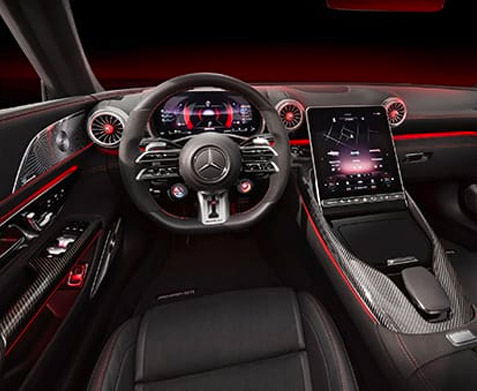 Interior shot of the driver seat view of a 2022 Mercedes-Benz AMG SL.