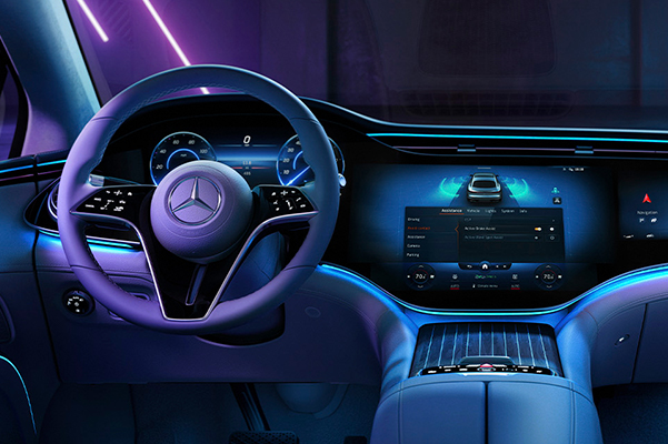 Interior shot of the front dashboard in a 2022 Mercedes-Benz EQS.