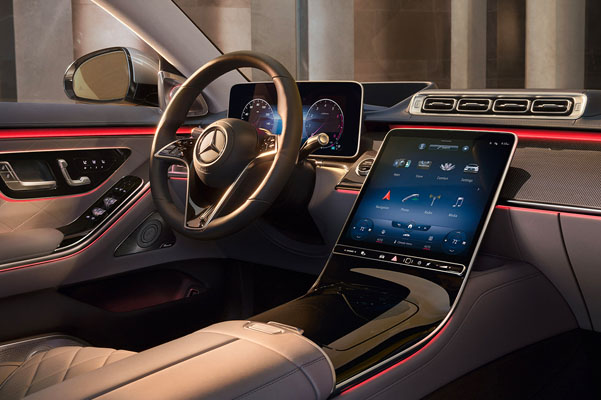 2022 S-Class interior shot of steering wheel and dashboard
