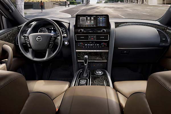 2022 Nissan Armada premium dashboard with controls and touch-screen.