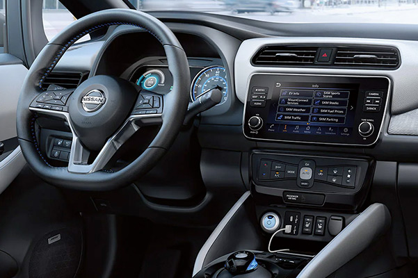 2022 Nissan LEAF dashboard view showing D-shaped steering wheel
