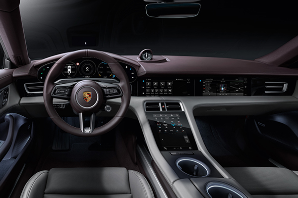 Interior shot of a 2022 Porsche Taycan driver's view.