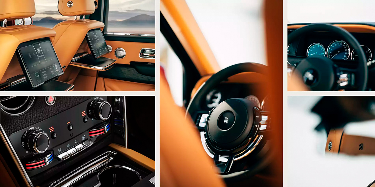 Multiple images of the interior of a Rolls-Royce Cullinan motor car