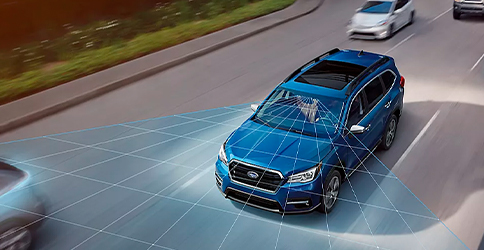A photo illustration showing the standard EyeSight® Driver Assist Technology sensors on the Subaru Ascent.