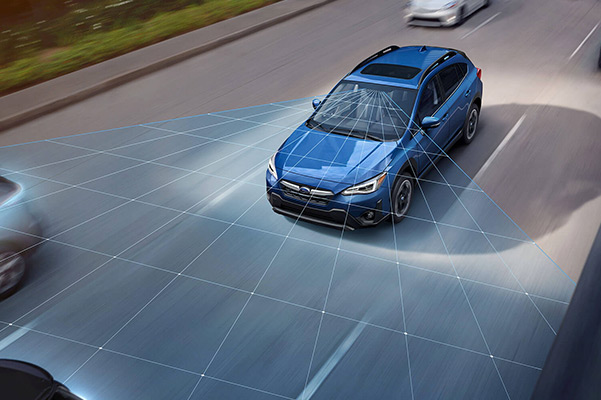A Subaru Crosstrek projecting a grid from its windshield representing EyeSight collision detection