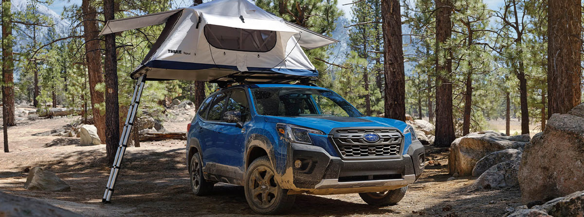 The 2022 Subaru Forester Wilderness parked in a forest, with a roof top tent mounted on the roof racks.