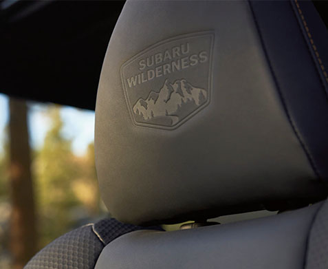A close up of the StarTex® upholstery with the Wilderness badge embroidered on the front seat.