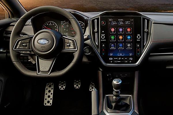 A view of the interior and dashboard of the 2022 WRX.