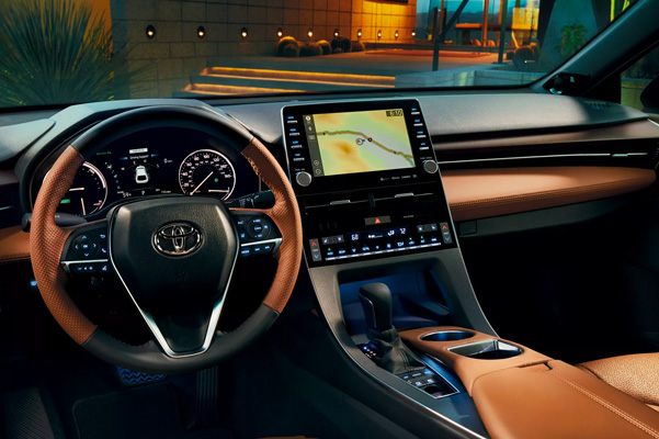 Interior steering wheel and dashboard of the 2022 Toyota Avalon